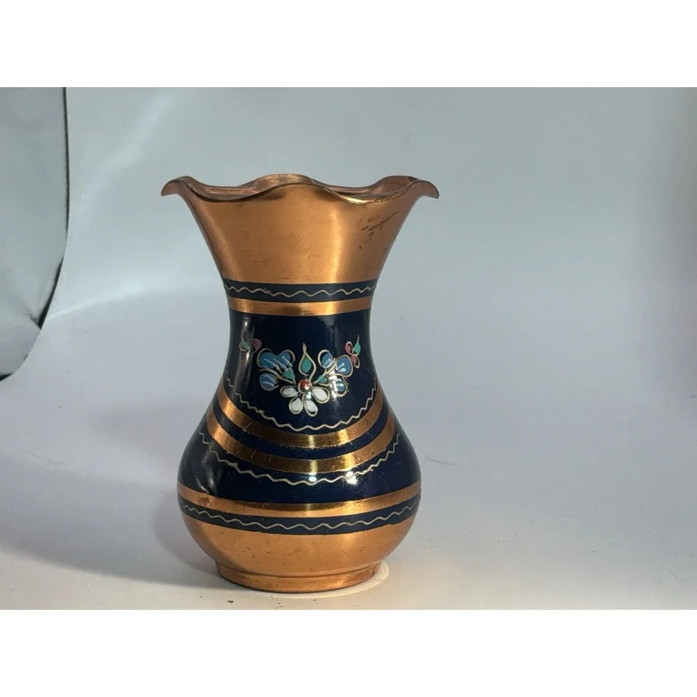 Vintage Copper Vase‎ Hand Painted Floral 4